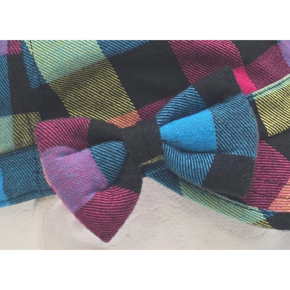 Disney Cadet Hat Adult Size‎ 7 Rainbow Patchwork Plaid Neon Mickey Mouse Bow Cap